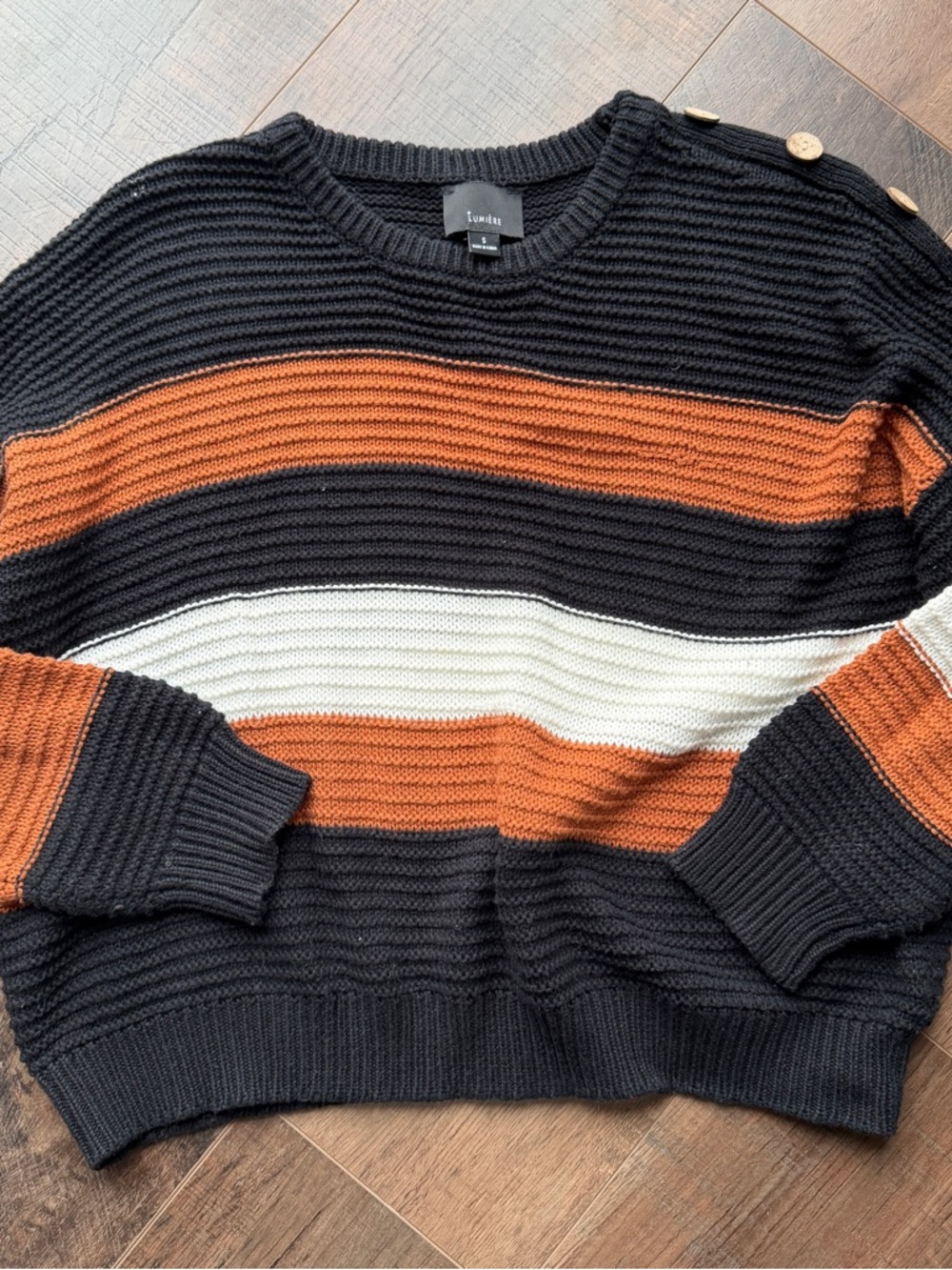 Lumiere Black Crewneck Sweater with Rust and Cream Stripes